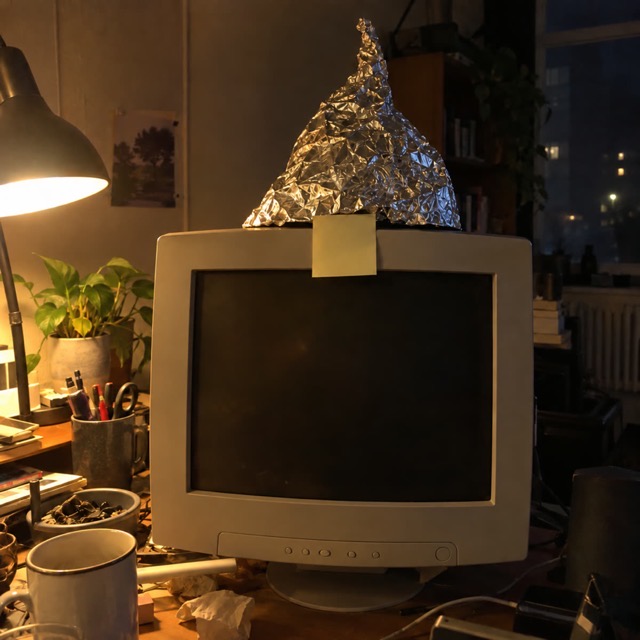 A tinfoil hat on an old beige monitor, sticky note over the webcam, late at night.